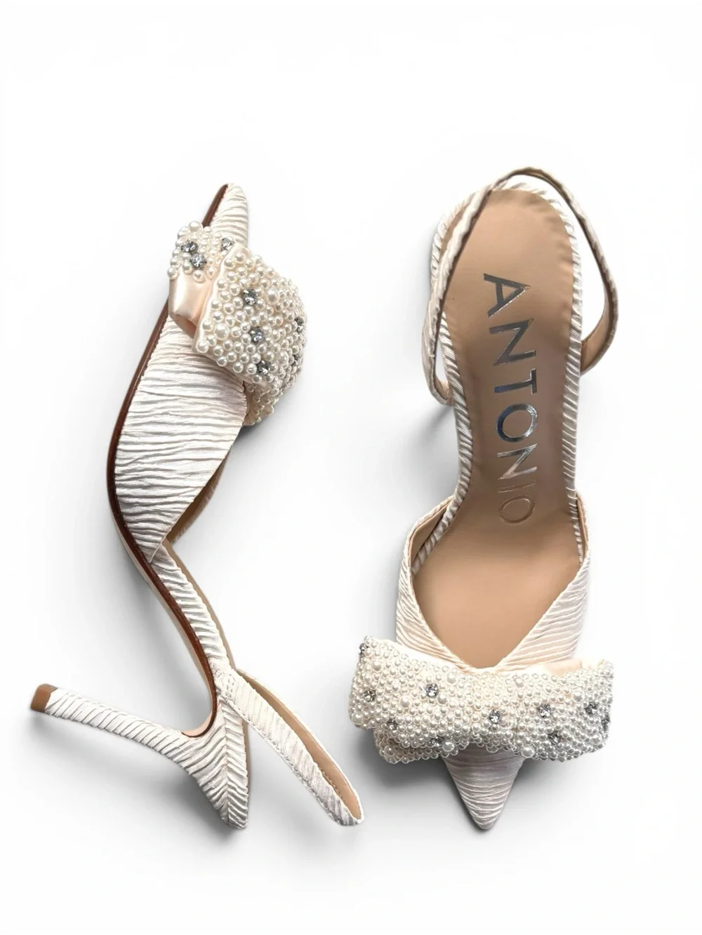 Antonio Melani Women Champagne Pearl Bow Slingback Heels Pointed Toe Size 8.5